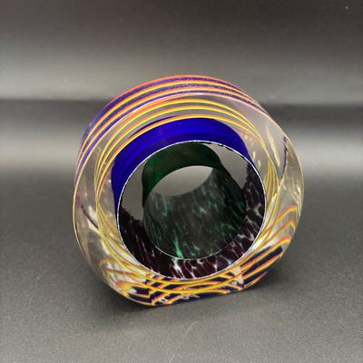LOT 61: Blue, Red, Yellow Swirled Linear Pattern Art Glass Signed Paperweight