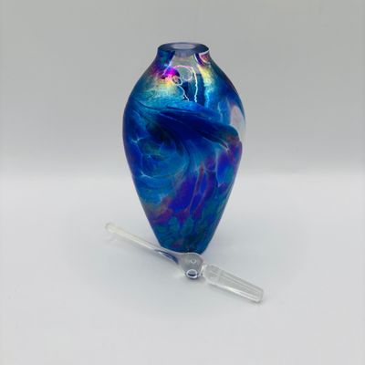 LOT 105: Vintage Art Glass Perfume Bottles: Iridescent Blue & Blue Swirl - unsigned
