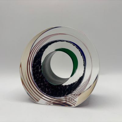 LOT 61: Blue, Red, Yellow Swirled Linear Pattern Art Glass Signed Paperweight