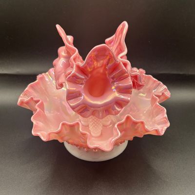 LOT 57: Fenton Pink Opalescent Hobnail 3-Horn Epergne Rosalene Vase/Bowl