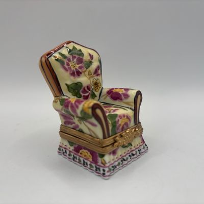 LOT 75: Vintage Limoges Trinket Boxes: Floral Tapestry Armchair & Iron