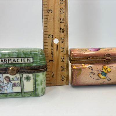 LOT 77: Vintage Limoges Trinket Boxes: Sewing Box & Pharmacien