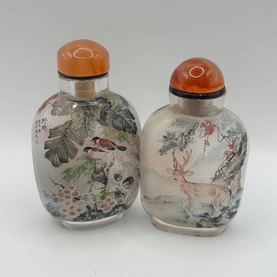 LOT 70: Vintage Chinese Reverse/Inside Painted Snuff Bottles w/Agate Tops
