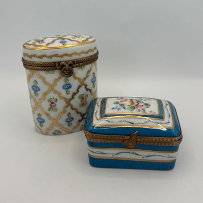 LOT 87: Vintage Limoges Trinket Boxes: Blue & Gold Floral along w/ Diamond Trellis Pattern