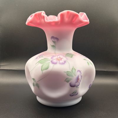 LOT 58: Fenton Floral Satin Vase, Signed by Artist
