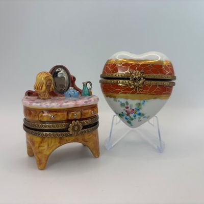 LOT 86: Vintage Limoges Trinket Boxes: Floral Heart & Vanity