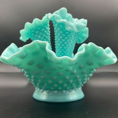 LOT 60: Fenton Turquoise Hobnail 3-Horn Epergne Vase/Bowl