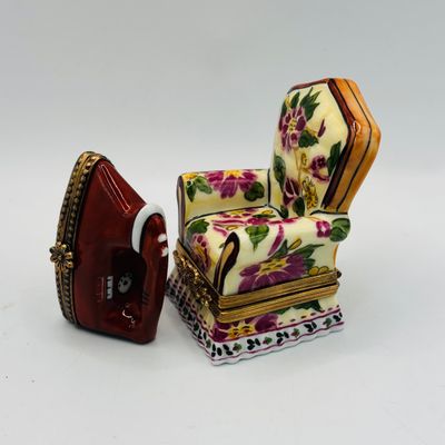 LOT 75: Vintage Limoges Trinket Boxes: Floral Tapestry Armchair & Iron