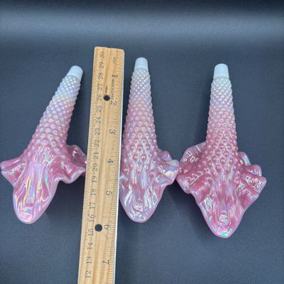 LOT 57: Fenton Pink Opalescent Hobnail 3-Horn Epergne Rosalene Vase/Bowl