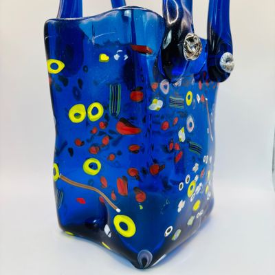 LOT 108: Cobalt Blue Art Glass Purse-Signed Wayne Miyah Glass Studio