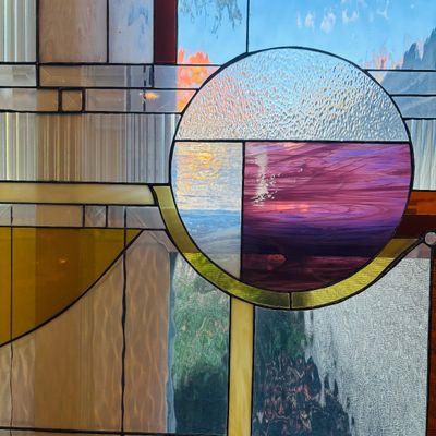 LOT 107: Abstract Geometric Stained-Glass Panel