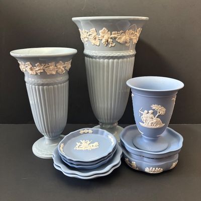 LOT 55: Wedgewood Collection: Jasperware along w/Etruria & Barlaston Queen's Ware Trumpet Vases