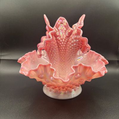 LOT 57: Fenton Pink Opalescent Hobnail 3-Horn Epergne Rosalene Vase/Bowl