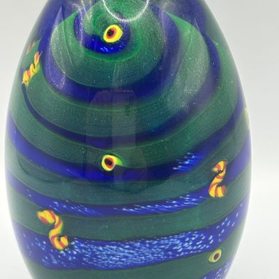 LOT 63: Green & Blue Swirl Artist Signed Art Glass Paperweight