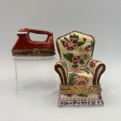 LOT 75: Vintage Limoges Trinket Boxes: Floral Tapestry Armchair & Iron