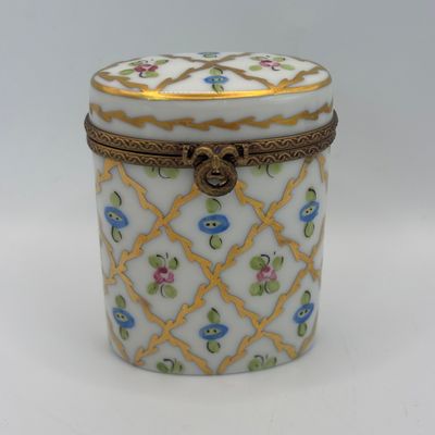 LOT 87: Vintage Limoges Trinket Boxes: Blue & Gold Floral along w/ Diamond Trellis Pattern