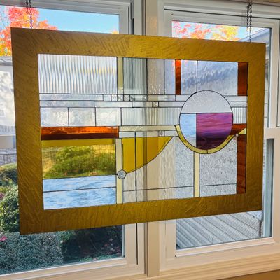 LOT 107: Abstract Geometric Stained-Glass Panel