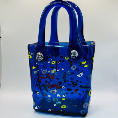LOT 108: Cobalt Blue Art Glass Purse-Signed Wayne Miyah Glass Studio