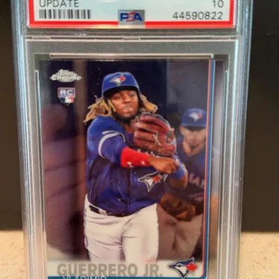 PSA-graded Gem Mint 10 copy of a 2019 Topps Chrome Update Vladimir Guerrero Jr. rookie card, number 21.