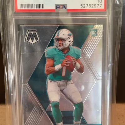 PSA-graded Gem Mint 10 copy of a 2020 Panini Mosaic Tua Tagovailoa rookie card, number 203.