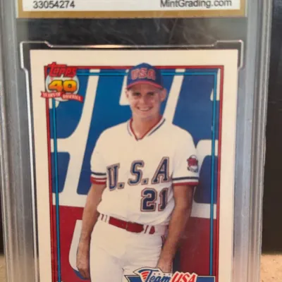 1991 Topps Traded Jason Giambi #45T rookie baseball card, graded GEM MT 10 by Mint Grading Service.