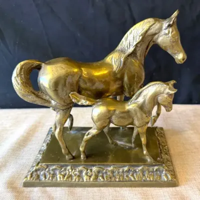 Vintage Solid Brass Mare & Foal Horse Sculpture