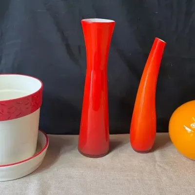 Vintage Mid-Century Modern Glassware, Including A White And Red Ceramic Planter.