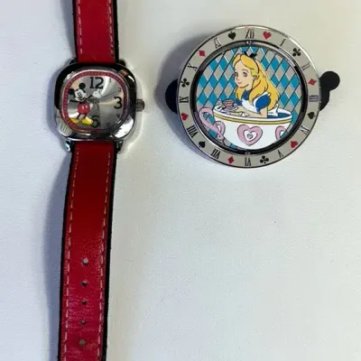 Vintage Disney Mickey Watch With Alice In Wonderland Pin