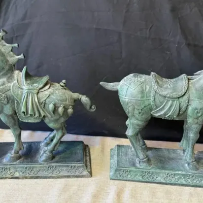Pair of Tang-Style Metal Horse Sculptures with Green Patina Finish