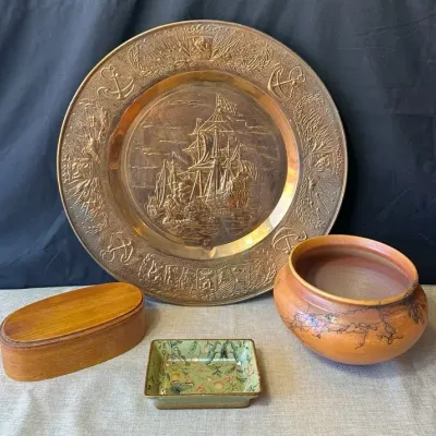 Copper Plate Wall Art, Handmade Wooden Box And Unique Pottery