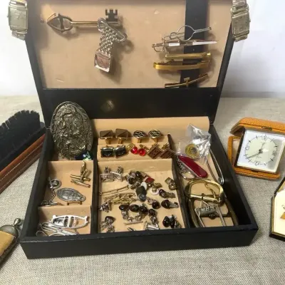 Vintage Jewelry Box With Travel Alarm, Cuff Links, Watches And More 