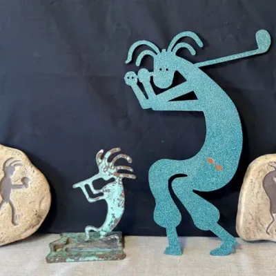 Southwest-Style Kokopelli Metal Sculpture, and Stone Petroglyph Plaques, And One More
