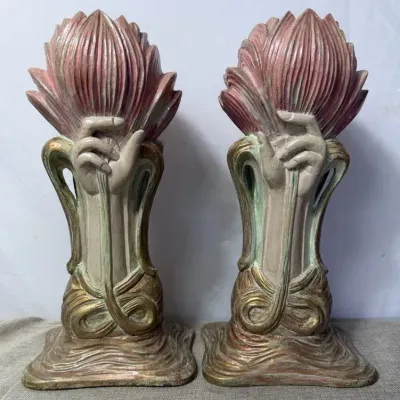 Vintage Art Nouveau-Style Ceramic Vases Featuring Sculpted Hand Holding Pink Lotus Flower