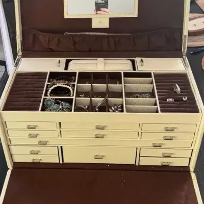 Large Rowallen Jewelry Box With Mixed Mystery Jewelry, Including Sterling Silver