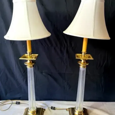 Pair of Vintage Brass-Tone & Clear Column Table Lamps with Shades, 34" Tall