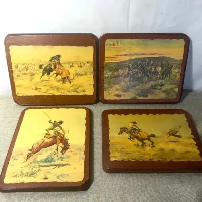 Set of 4 Vintage C.M. Russell Western Art Wood Plaques – Cowboys & Horses