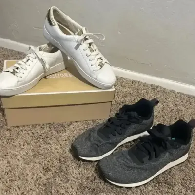 Ladies Michael Kors Jet Set 6 White Leather Sneakers with Gold Trim- Size 8, and Nike MD Runners 8.5