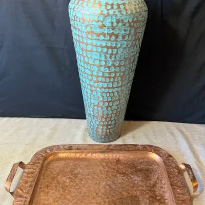 Hammered Copper Tray And Large Turquoise Color Copper Vase 