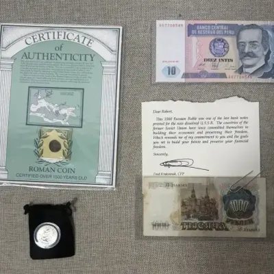 Ancient Roman Coin w/ COA, 1992 1000 Rubles & Peru 10 Intis Currency