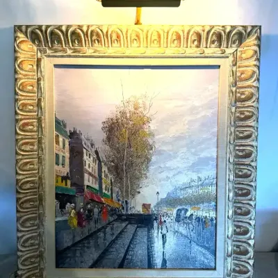 Vintage Paris Street Scene Original Oil Painting w/ Ornate Frame & Picture Light – 26"