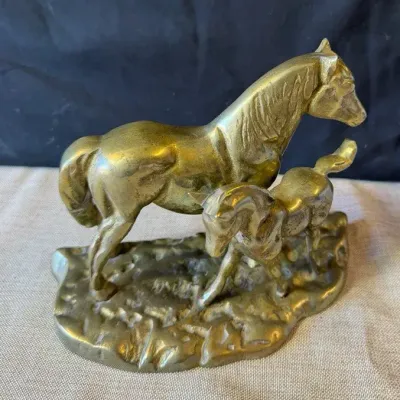 Vintage Solid Brass Mare and Foal Statue Depicting