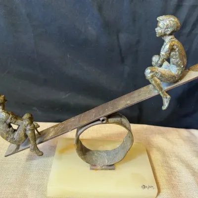 1967 Curtis Jeré Bronze "Children on Seesaw" Sculpture on Onyx Base