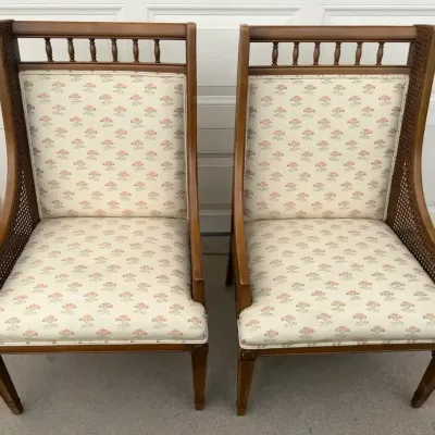 Pair of Vintage Cane & Upholstered Wood Armchairs – Curved Arms