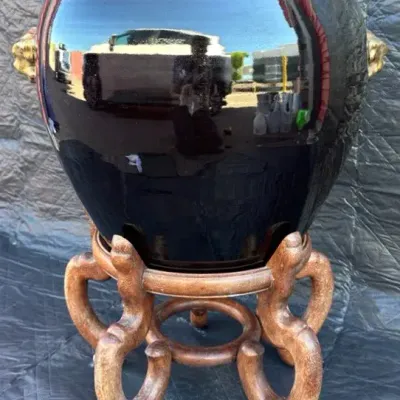 Large, Black, Glazed Ceramic Pot With Wooden Stand