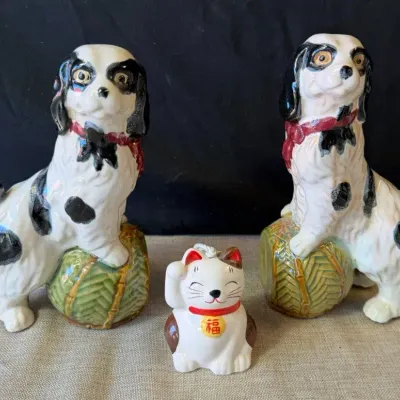 Ceramic Spaniel Dog Pair & Maneki-Neko Lucky Cat