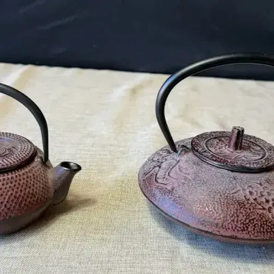 Pair of Decorative Cast Iron Asian Teapots – Bird & Hobnail Designs