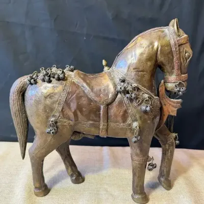 Vintage Indian Brass & Copper Clad Wood Horse With Bells – 12"
