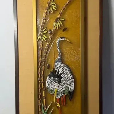 Vintage MCM Asian Modern Crane & Bamboo Glass Wall Art – 18" x 42"