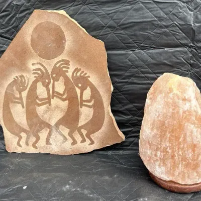Kokopelli Art On Wall Slab With Salt Rock Lamp