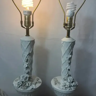  Pair Of White Porcelain Floral Accent Lamps